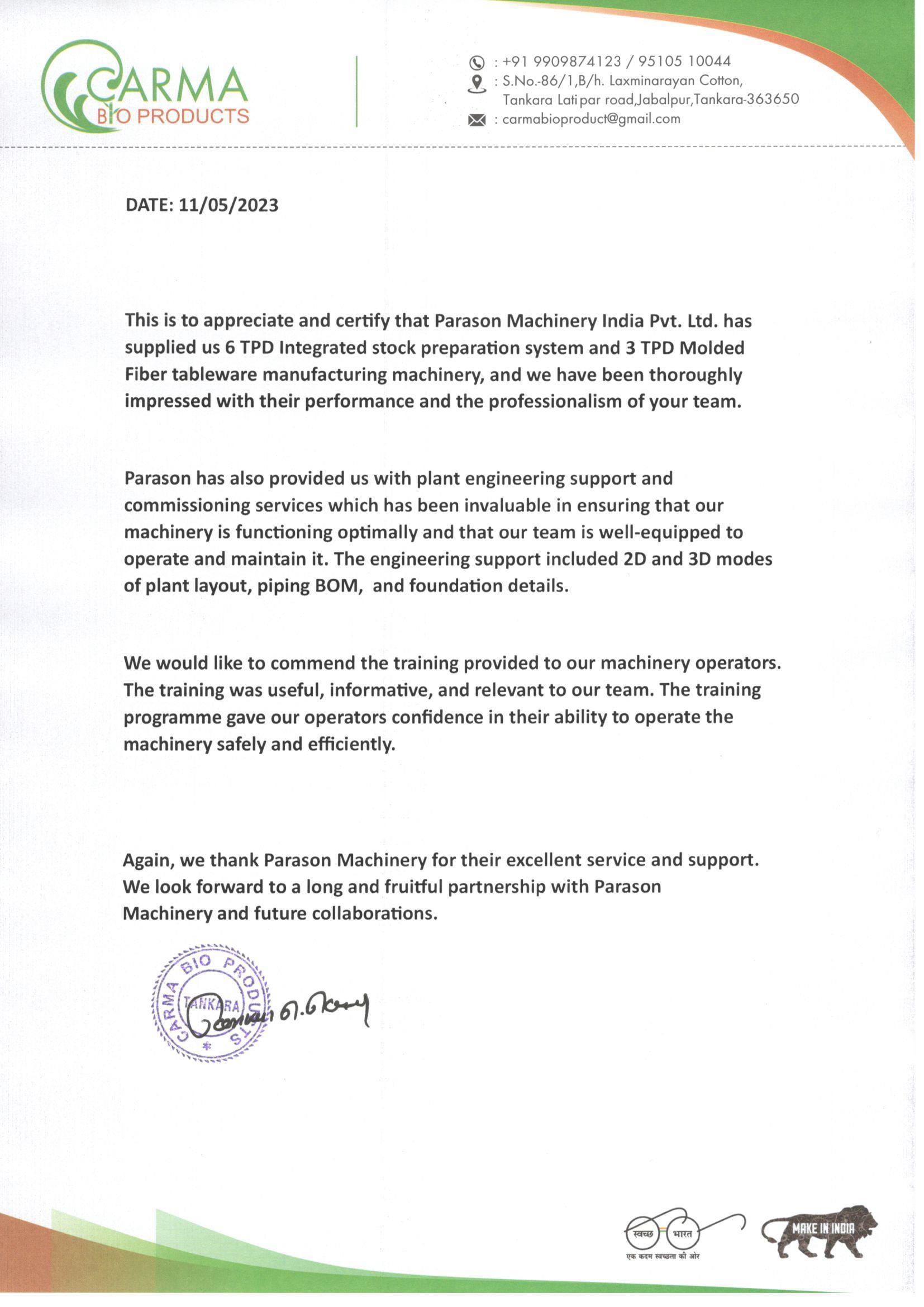 Carma Bio Products appreciation letter